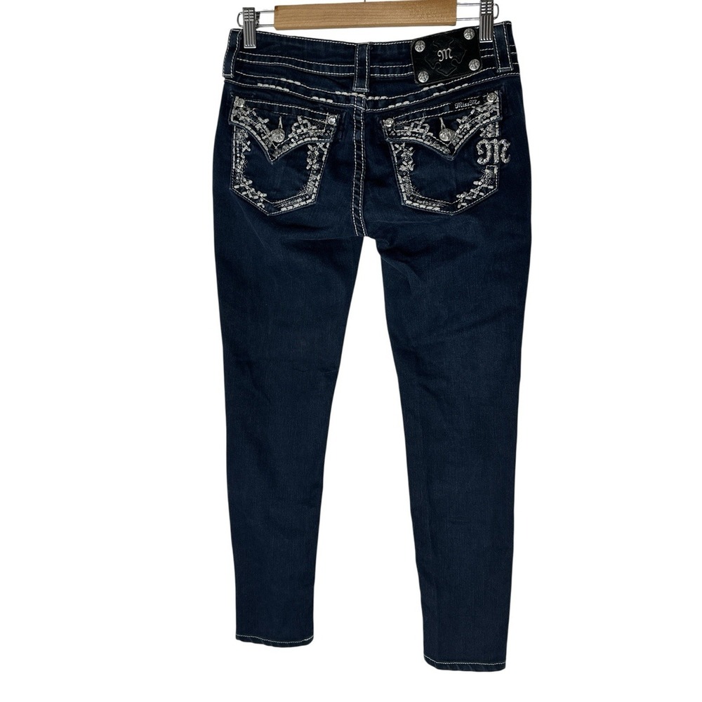 Miss Me Skinny Jeans Women's Blue Size 26 Rhinestone Embroidered Pocket Low